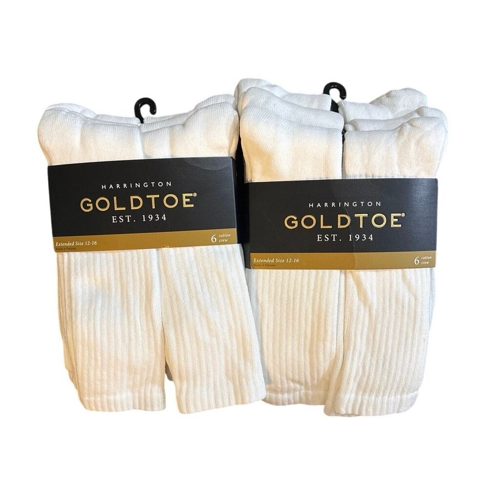 (2) New 2022 Goldtoe Harrington Crew Socks 6-Pack Extended Size White (12 Total)